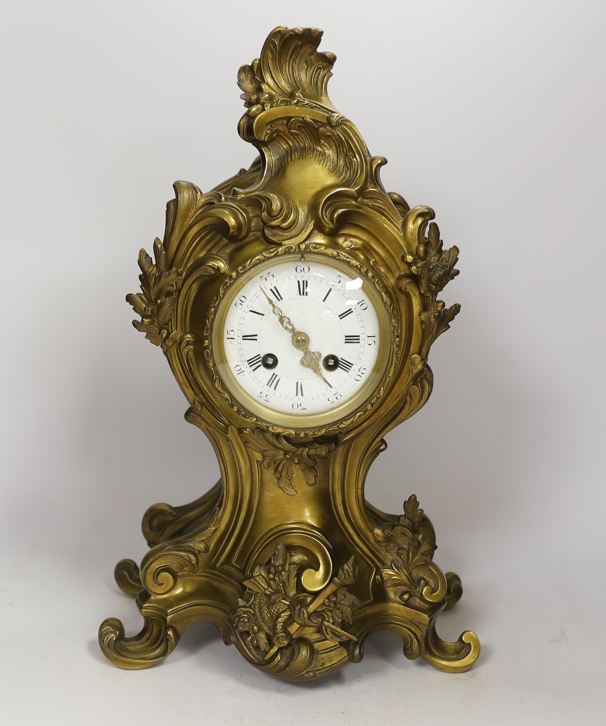 A Louis XV style bronze cartouche shaped bracket clock, 42cm